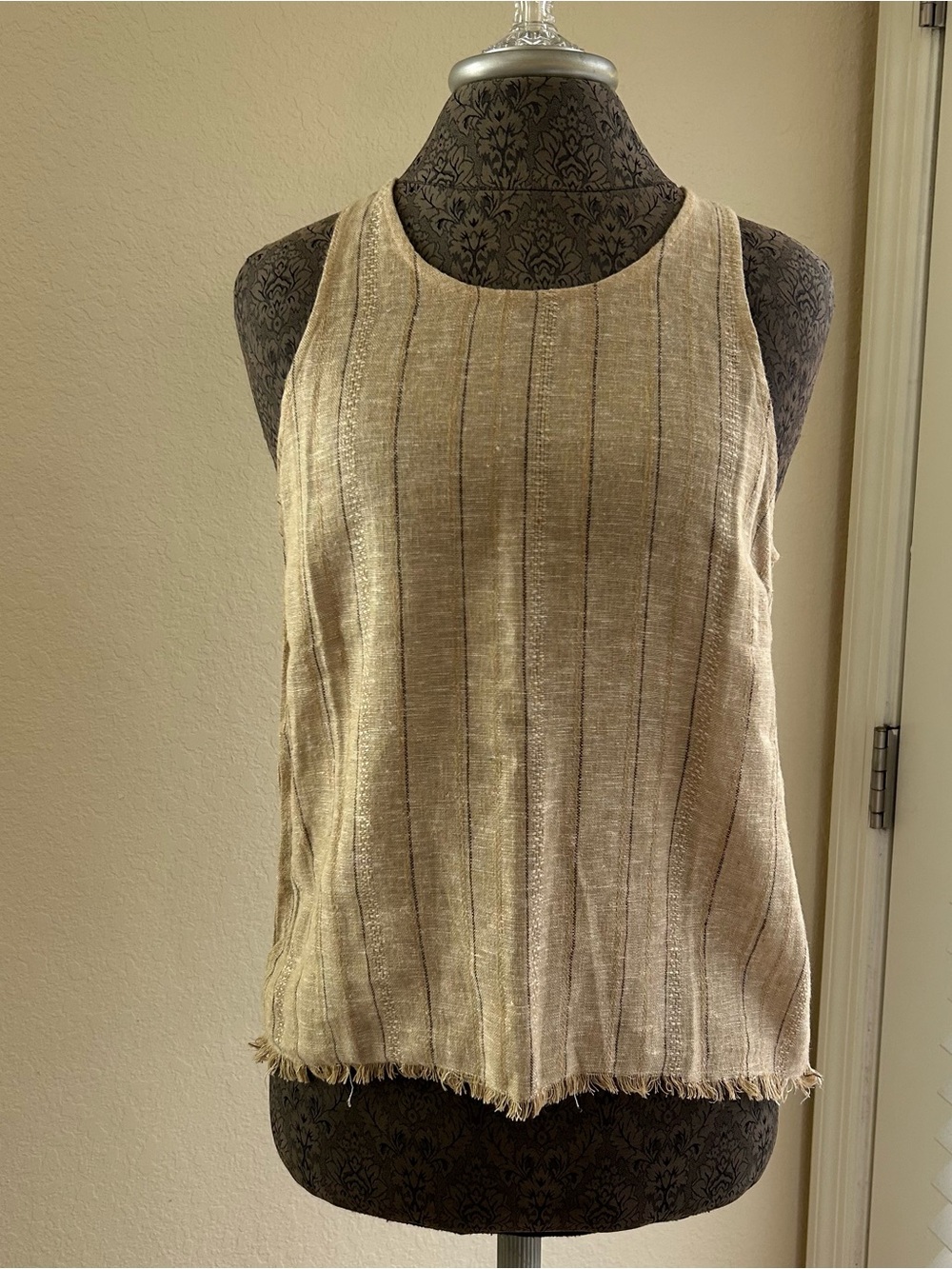 Sleeveless Linen-Blend Tank Top in Natural Stripe with Frayed Hem